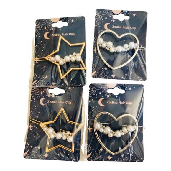 2 gold or silver plated faux Pearl star-shaped & heart-shaped hair‎ clips - Picture 4 of 7